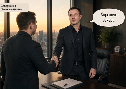 Двое мужчин в костюмах пожимают руки в кабинете на закате — «Хорошего вечера»