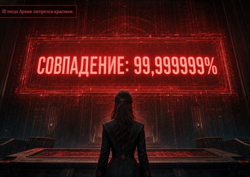 Красная тревога Архива: экран с надписью «СОВПАДЕНИЕ: 99,999999%»