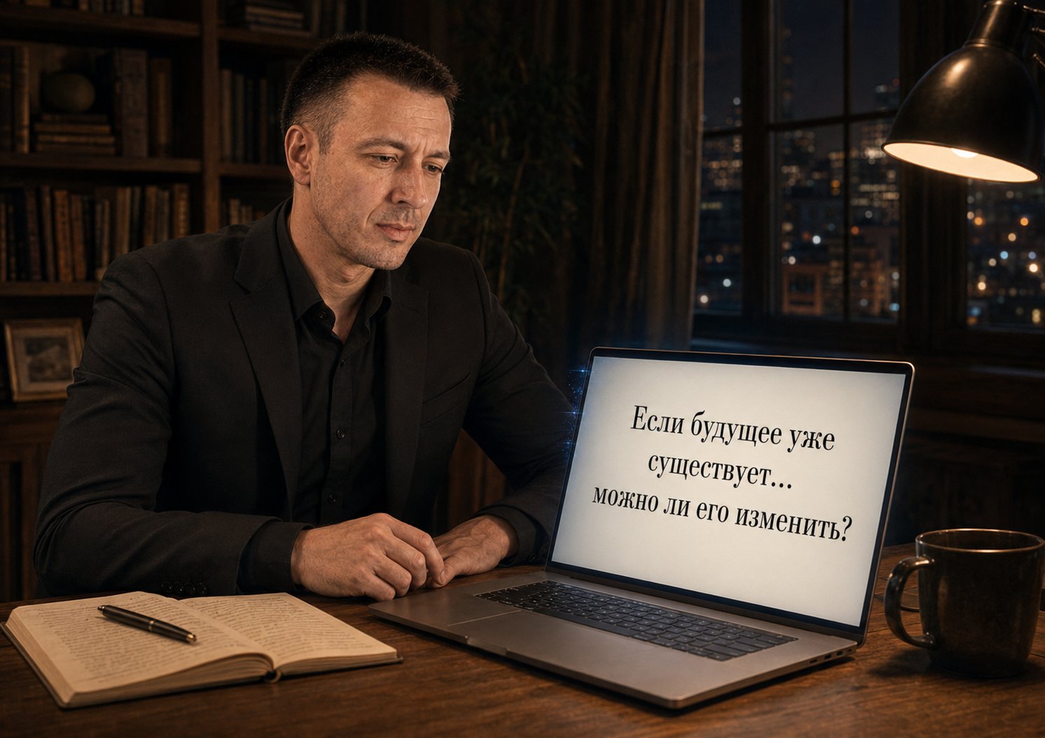 Земной Артём за ноутбуком с вопросом на экране: «Если будущее уже существует... можно ли его изменить?»