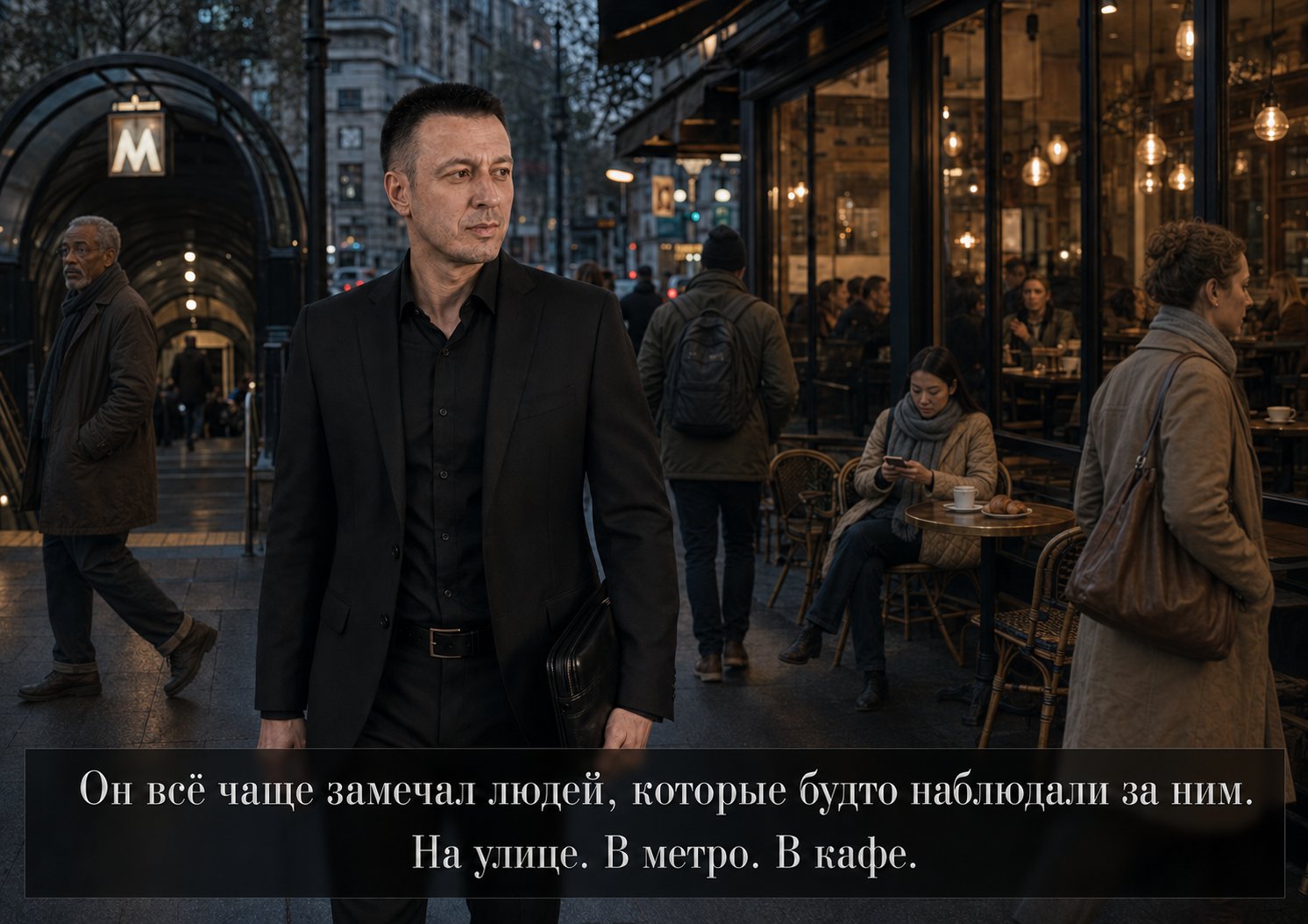 Земной Артём идёт по вечерней улице мимо кафе — «Он всё чаще замечал людей, которые будто наблюдали за ним. На улице. В метро. В кафе»