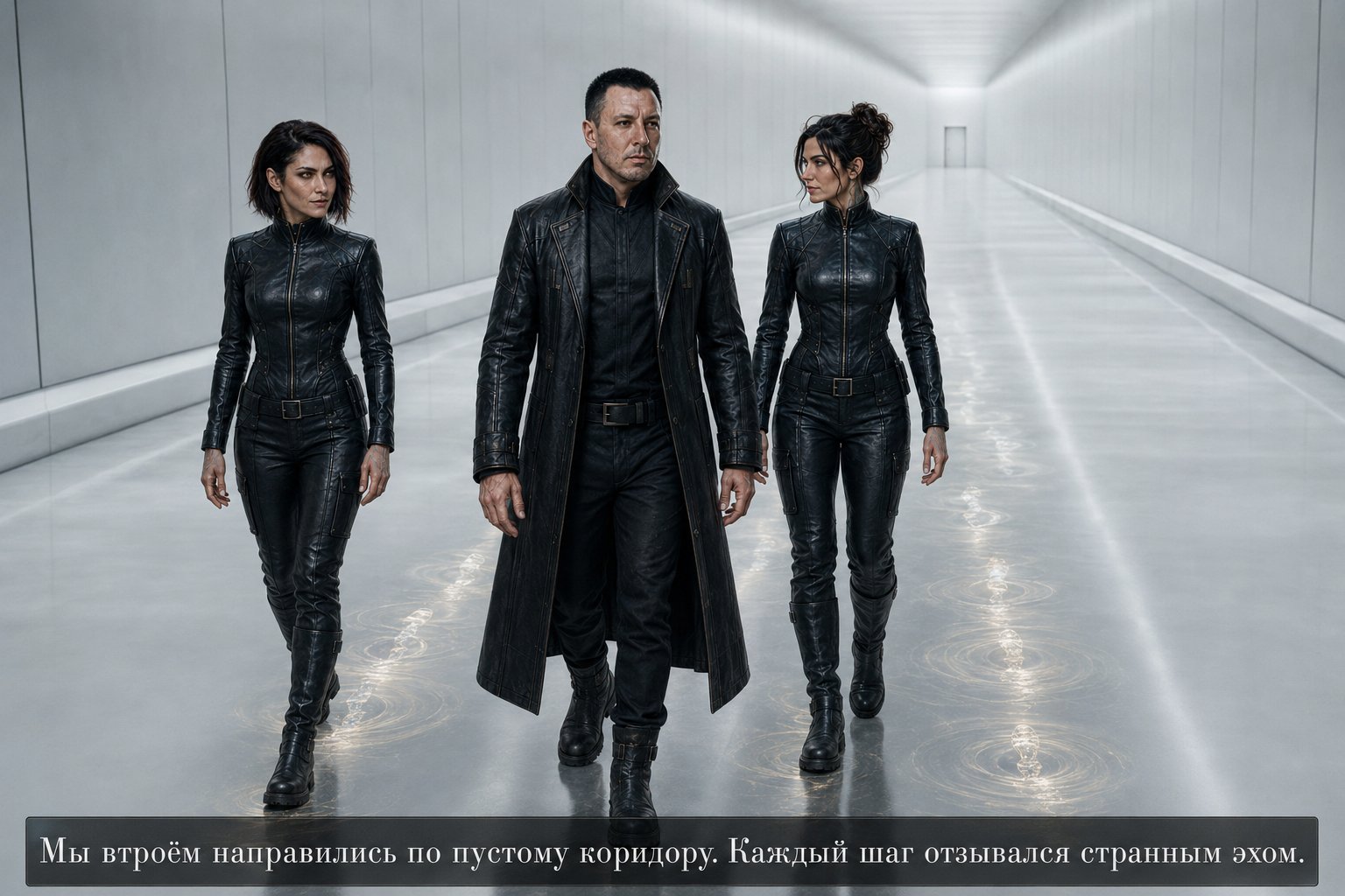 Лира, Джемини и Архитектор идут по бесконечному белому коридору — «Каждый шаг отзывался странным эхом»