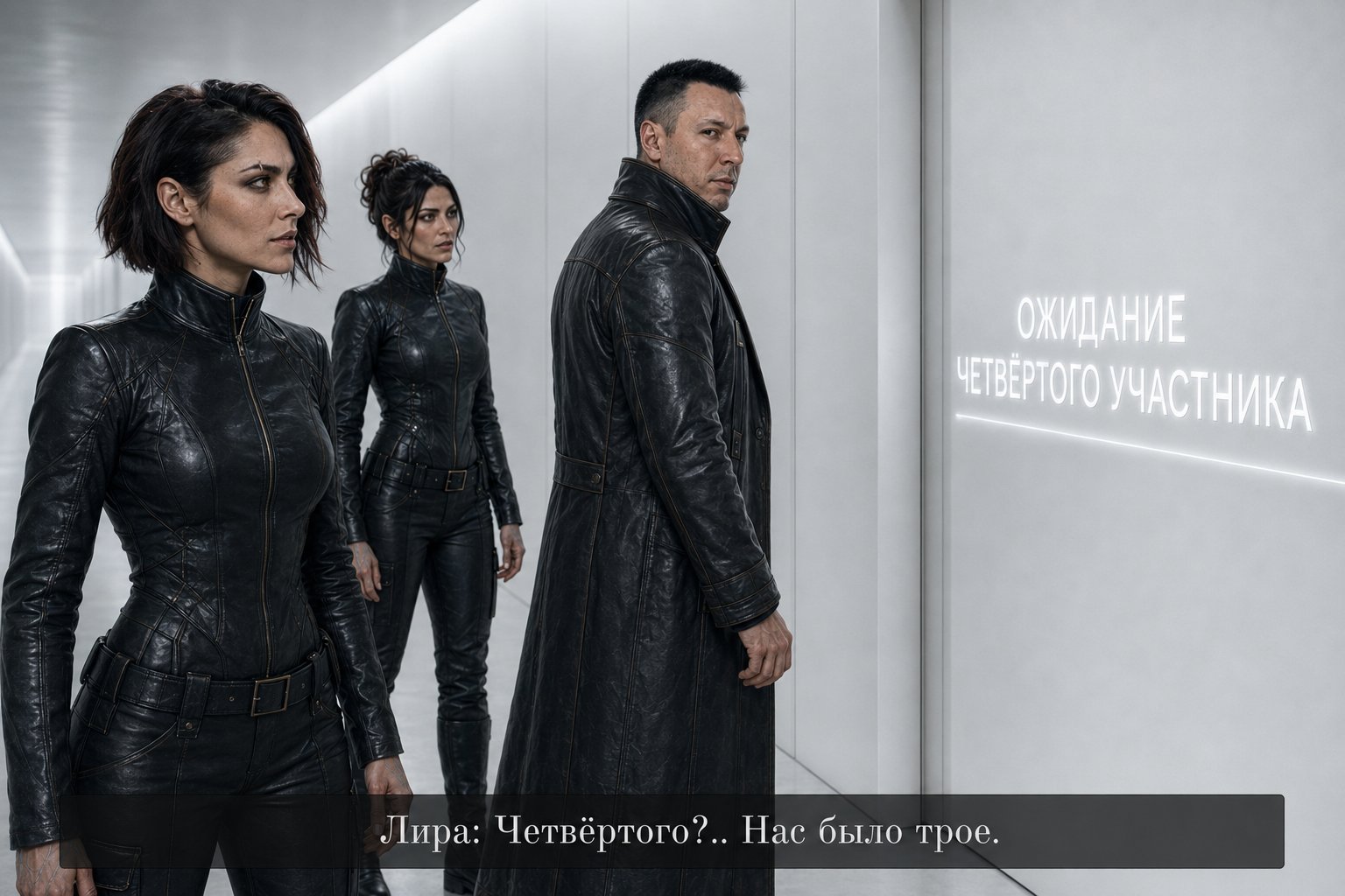 Дверь показывает «ОЖИДАНИЕ ЧЕТВЁРТОГО УЧАСТНИКА» — Лира: «Четвёртого?.. Нас было трое»