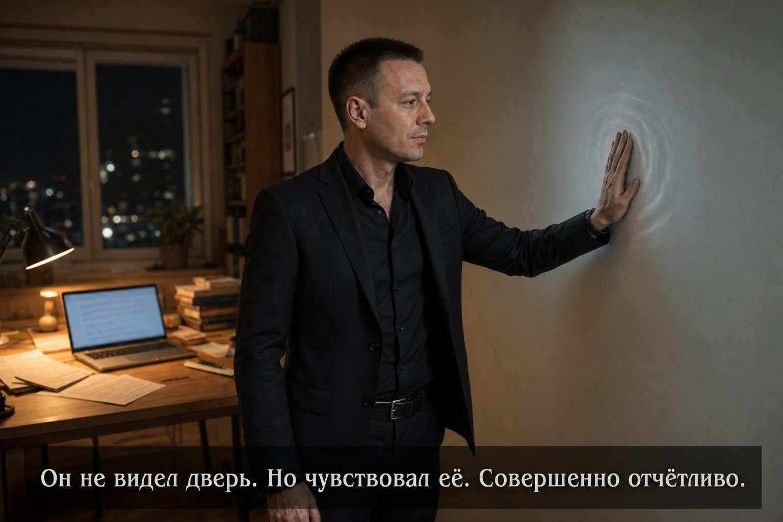 Земной Артём касается ладонью пустой стены квартиры, оставляя светящийся отпечаток — «Он не видел дверь. Но чувствовал её совершенно отчётливо»