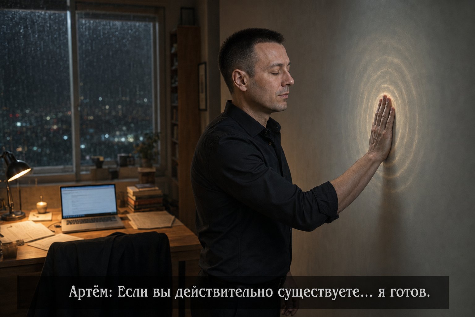 Земной Артём с закрытыми глазами кладёт ладонь на стену под дождём за окном — «Если вы действительно существуете... я готов»
