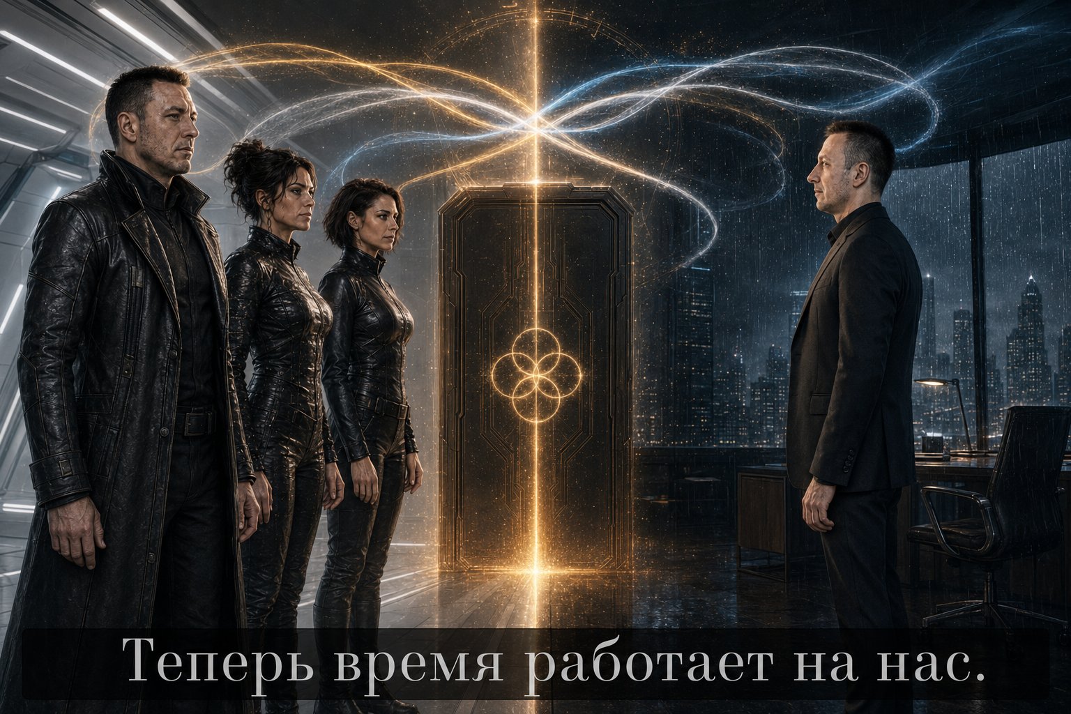 Лира, Джемини и Архитектор перед сияющей дверью с четырьмя кругами, напротив — земной Артём — «Теперь время работает на нас»