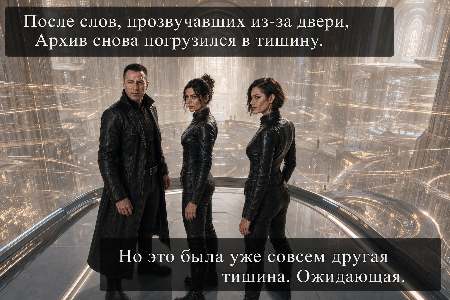 Архитектор, Джемини и Лира в золотом зале Архива — «После слов из-за двери Архив снова погрузился в тишину. Но это была уже совсем другая тишина. Ожидающая»