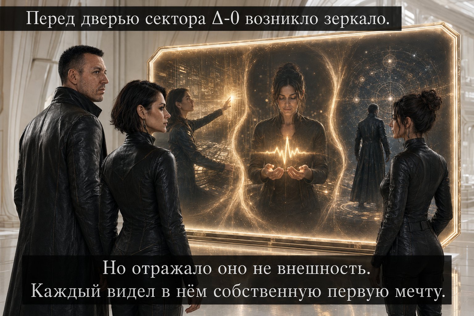 Зеркало перед дверью сектора Δ-0 показывает каждому его собственную первую мечту — Лиру, Джемини и Архитектора