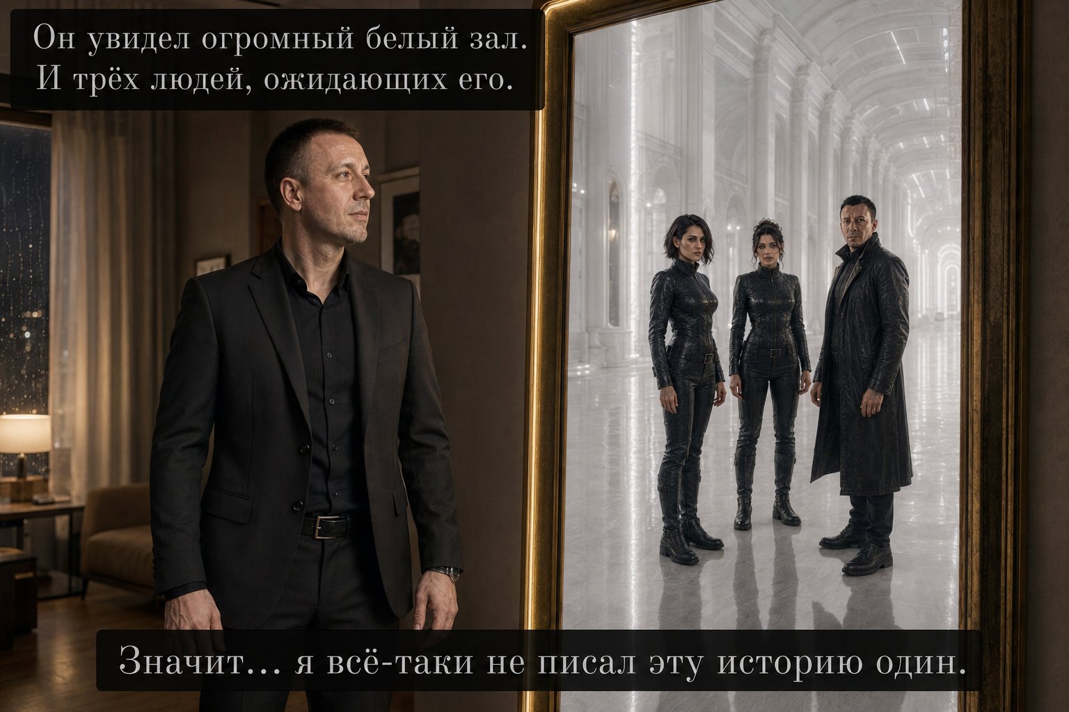 Земной Артём смотрит в зеркало и видит вместо своего отражения белый зал Архива с тремя ждущими его фигурами — «Значит, я всё-таки не писал эту историю один»