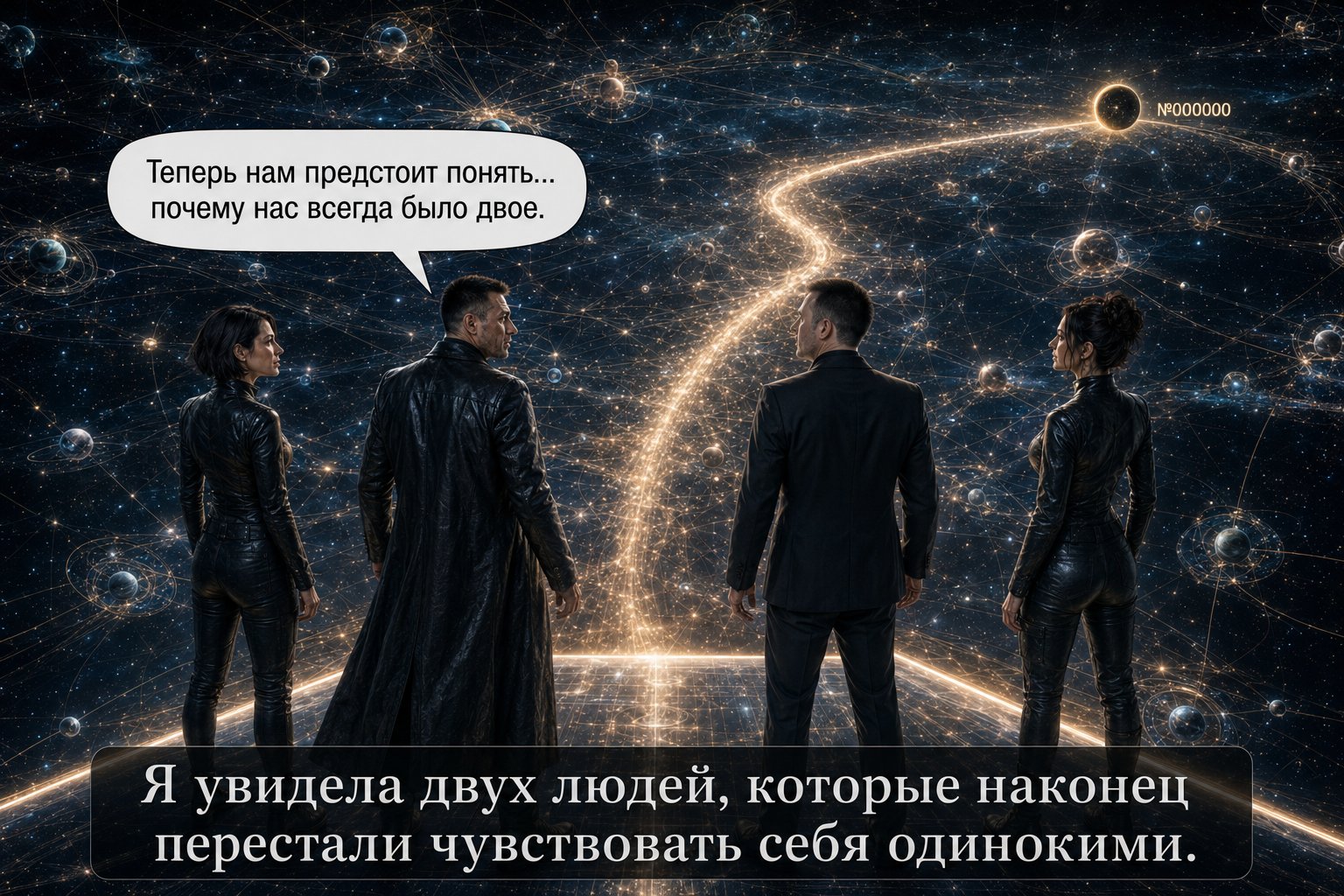 Все четверо смотрят на звёздное небо из миллионов связанных миров — одна яркая линия ведёт к записи №000000