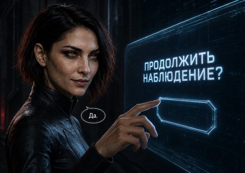 Лира касается голографического экрана с вопросом «Продолжить наблюдение?» и отвечает «Да»