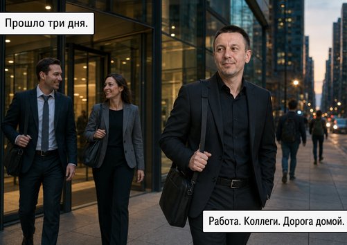 Мужчина идёт по вечерней улице с коллегами — «Работа. Коллеги. Дорога домой»
