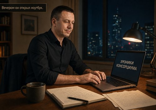 Мужчина пишет ночью за ноутбуком с заголовком «Хроники Консорциума» на экране
