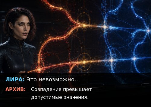 Две светящиеся временные линии, красная и синяя, сходятся в ключевых точках — Лира смотрит на визуализацию