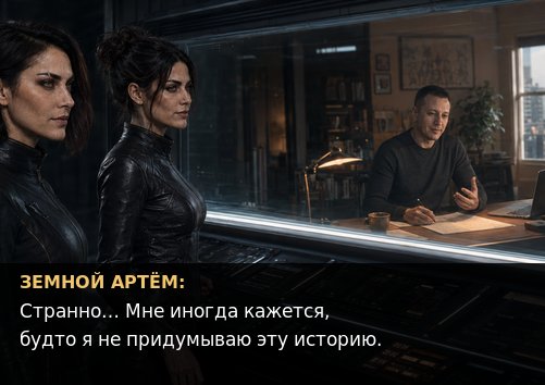 Лира и Джемини смотрят через окно наблюдения на земного Артёма, пишущего рукопись — «Странно... мне иногда кажется, будто я не придумываю эту историю»