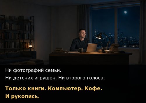 Земной Артём один за столом ночью — «Ни фотографий семьи. Только книги, компьютер, кофе и рукопись»