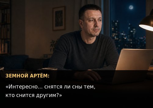 Земной Артём пишет строку: «Интересно... снятся ли сны тем, кто снится другим?»