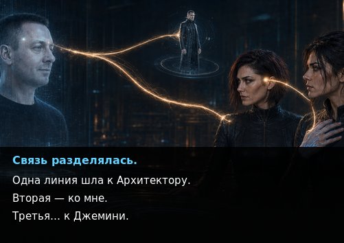 Светящаяся нить связи расходится от земного Артёма тремя линиями — к Архитектору, к Лире и к Джемини
