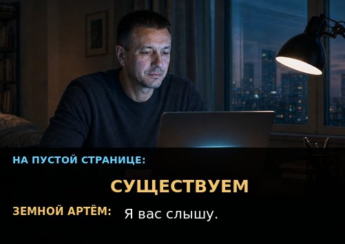 Земной Артём смотрит на слово «СУЩЕСТВУЕМ», появившееся на пустой странице — «Я вас слышу»