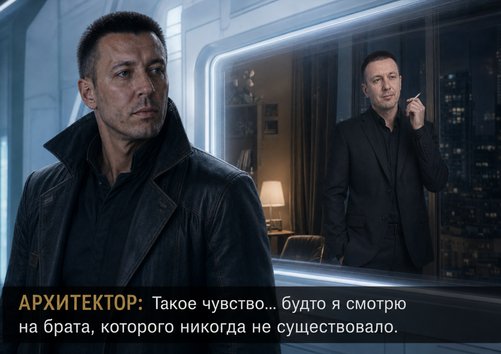 Архитектор смотрит через окно наблюдения на земного Артёма, который курит у окна ночью — «Будто я смотрю на брата, которого никогда не существовало»
