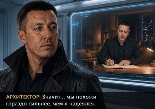 Архитектор смотрит на экран с земным Артёмом за столом — «Значит, мы похожи гораздо сильнее, чем я надеялся»