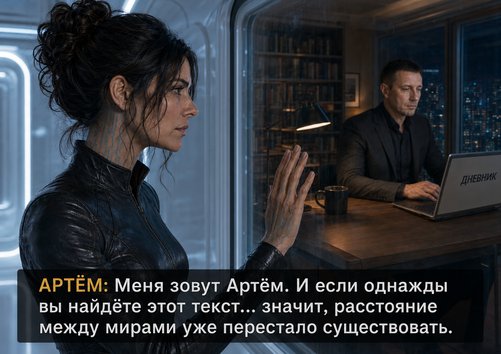 Джемини касается стекла окна наблюдения, слушая слова Артёма — «Меня зовут Артём. Расстояние между мирами уже перестало существовать»