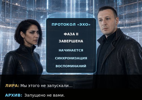 Лира и Архитектор перед экраном «ПРОТОКОЛ «ЭХО» ФАЗА II ЗАВЕРШЕНА, НАЧИНАЕТСЯ СИНХРОНИЗАЦИЯ ВОСПОМИНАНИЙ» — «Запущено не вами»
