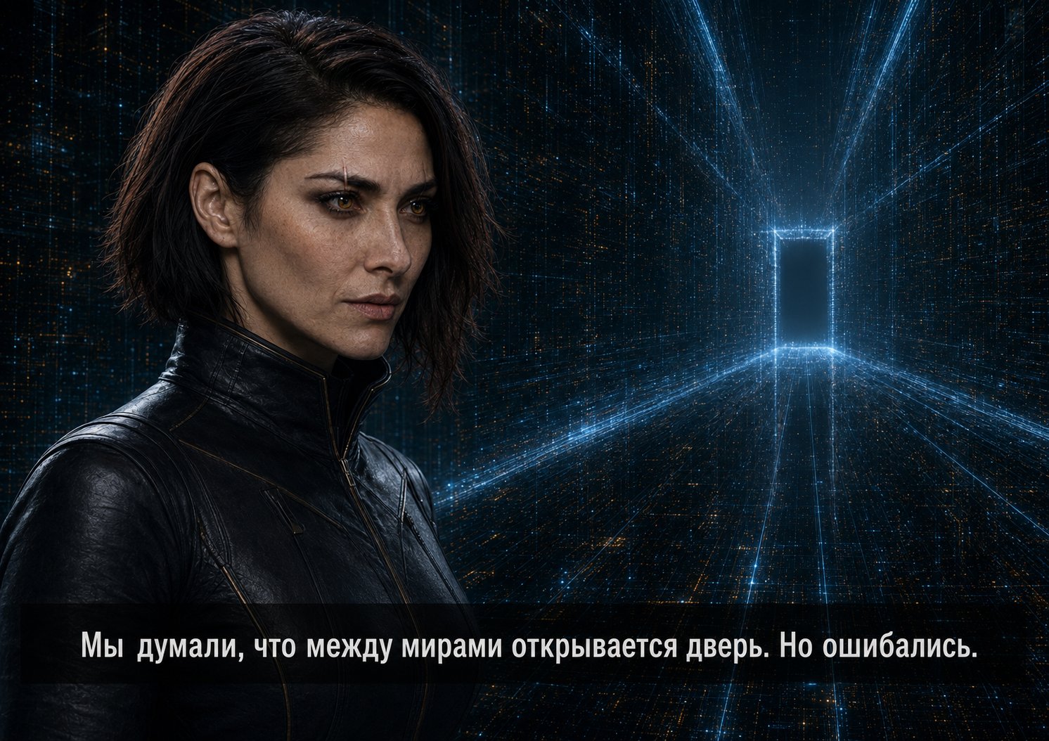 Лира у светящегося дверного проёма между мирами — «Мы думали, что между мирами открывается дверь. Но ошибались»