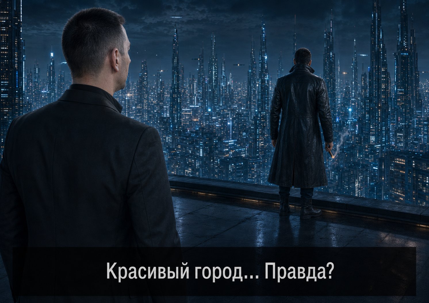 Земной Артём на крыше небоскрёба будущего рядом с человеком в чёрном плаще с сигарой — «Красивый город... Правда?»