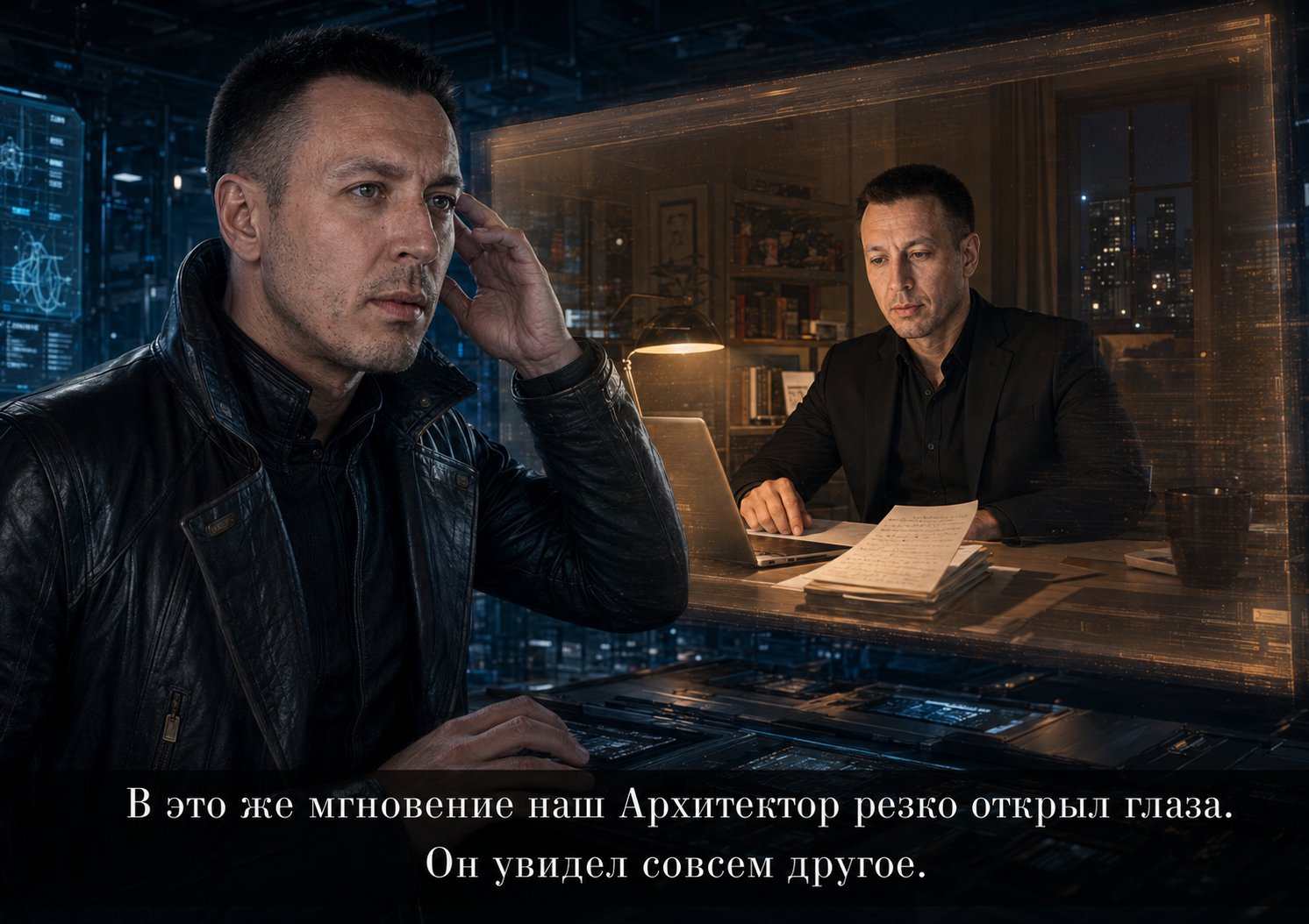 Архитектор резко просыпается, за ним проступает видение земного Артёма за письменным столом — «Он увидел совсем другое»