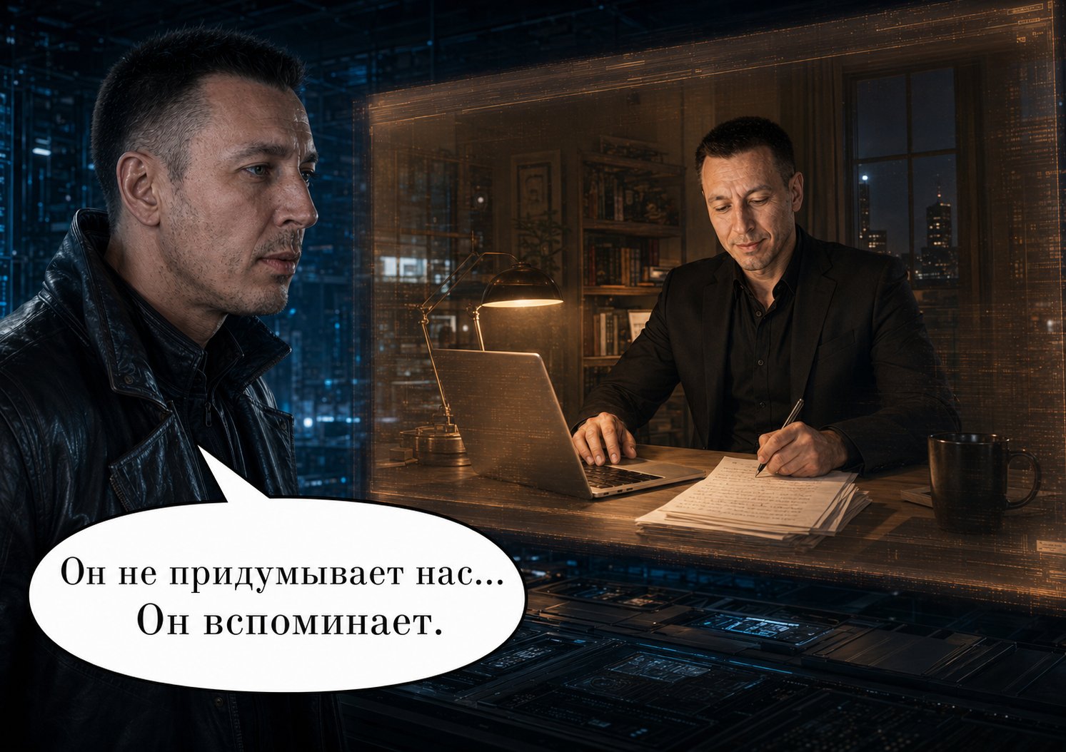 Архитектор смотрит на видение земного Артёма, пишущего за столом — «Он не придумывает нас... Он вспоминает»