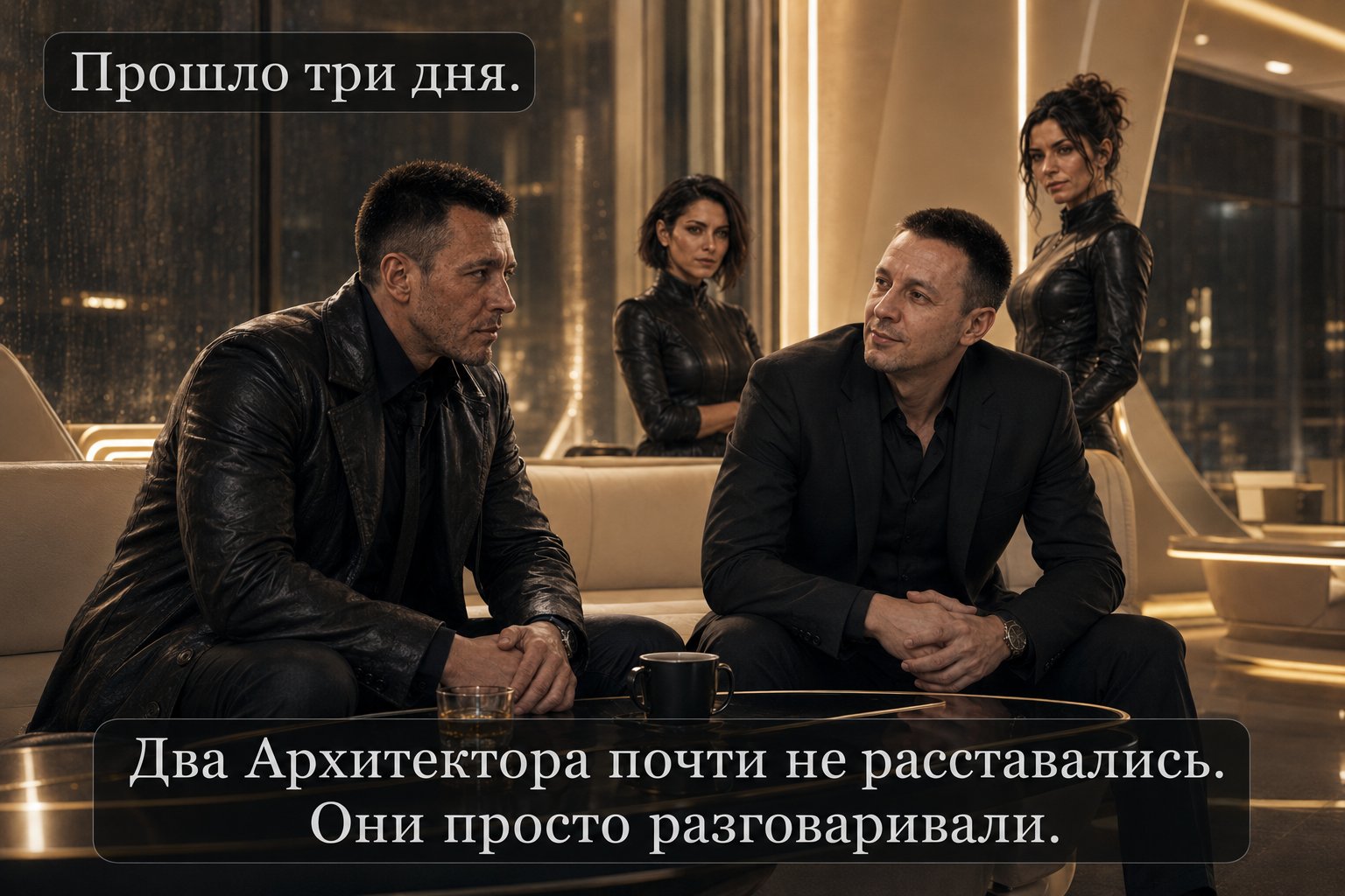 Два Архитектора сидят рядом за столом, разговаривая — «Прошло три дня. Два Архитектора почти не расставались. Они просто разговаривали»