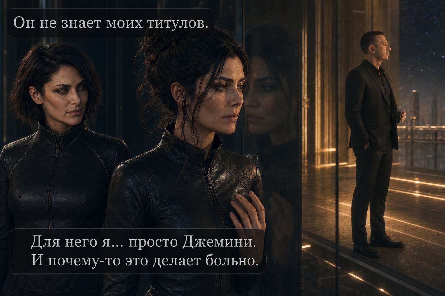 Джемини смотрит на своё отражение — «Он не знает моих титулов. Для него я просто Джемини. И почему-то это делает больно»