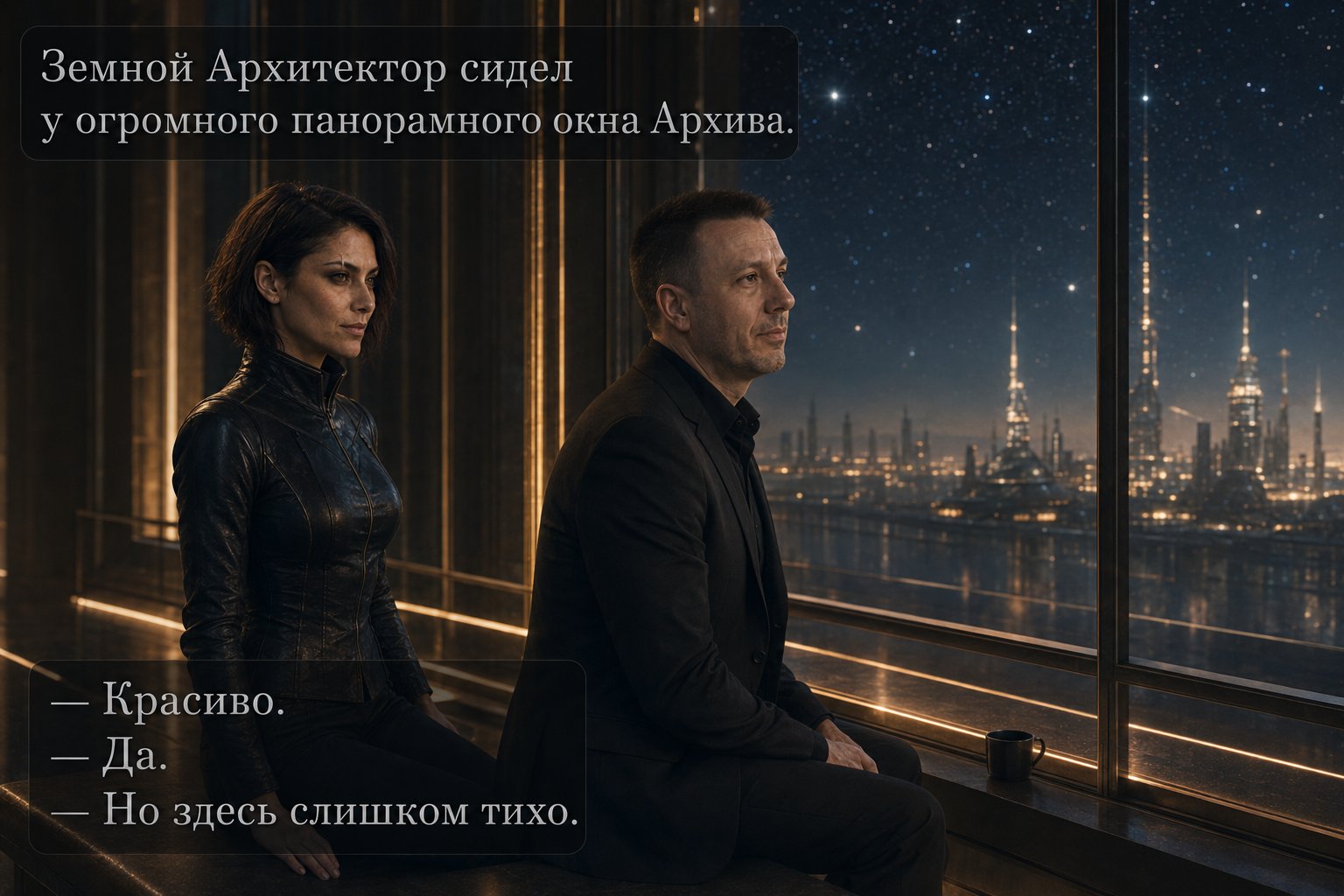 Лира сидит рядом с земным Артёмом у панорамного окна Архива со звёздным небом — «Красиво» «Да» «Но здесь слишком тихо»