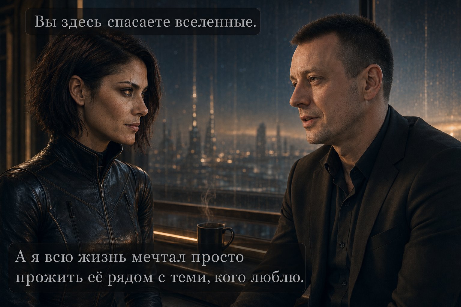 Лира и земной Артём беседуют за чашкой кофе на фоне ночного города будущего — «Вы здесь спасаете вселенные. А я всю жизнь мечтал просто прожить её рядом с теми, кого люблю»