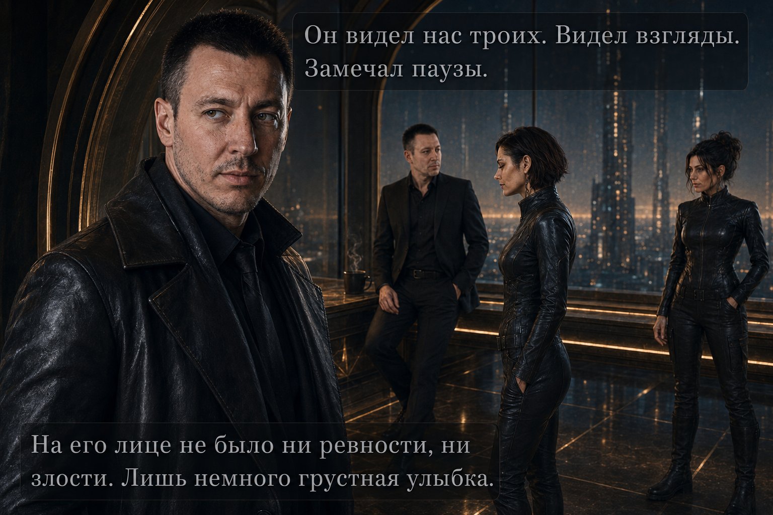 Наш Архитектор наблюдает издалека за Лирой, Джемини и земным Артёмом с грустной улыбкой — «Он видел нас троих. На его лице не было ни ревности, ни злости. Лишь немного грустная улыбка»