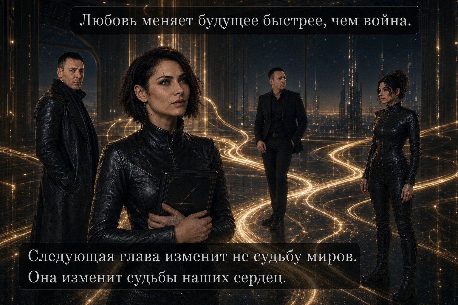 Лира с архивной книгой на фоне золотых потоков времени, позади Архитектор, земной Артём и Джемини — «Любовь меняет будущее быстрее, чем война»