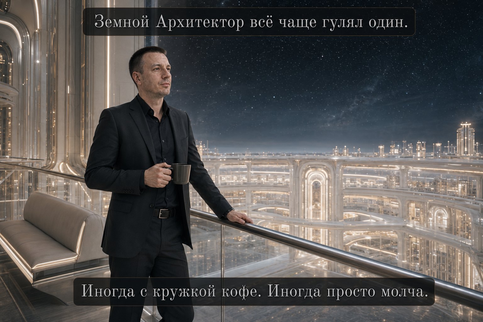 Земной Артём один на балконе Архива со звёздным небом и городом внизу — «Земной Архитектор всё чаще гулял один»