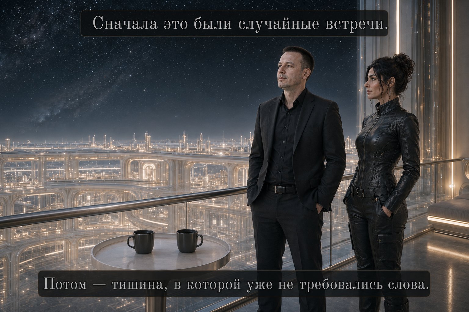 Джемини и земной Артём стоят рядом на балконе с двумя чашками кофе — «Сначала это были случайные встречи. Потом тишина, в которой уже не требовались слова»