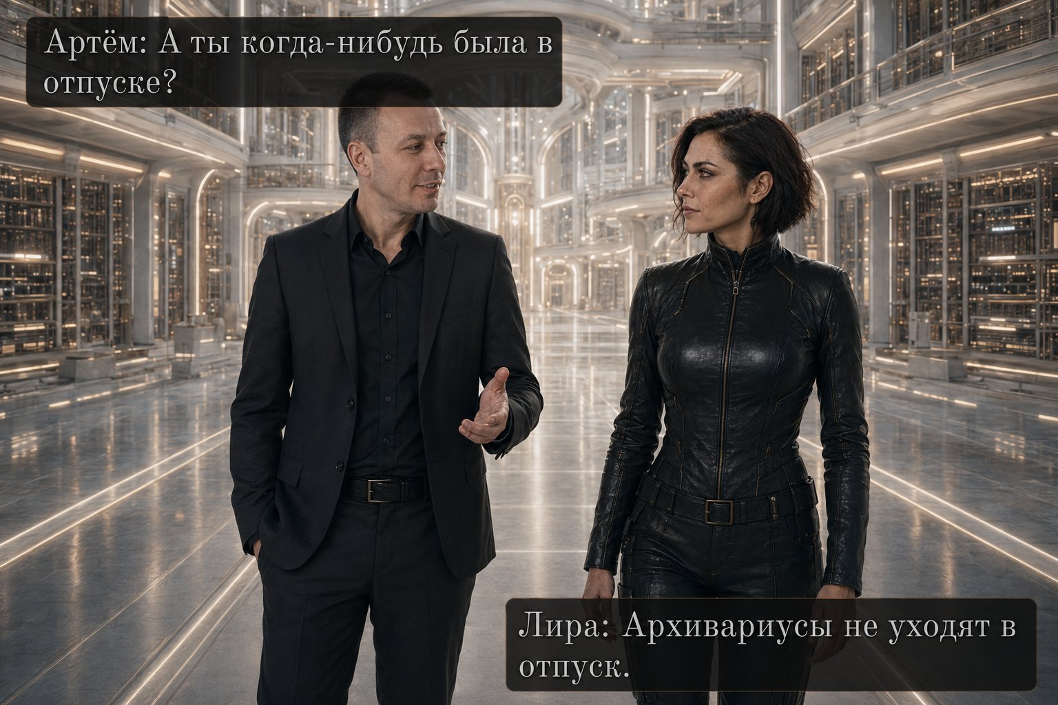 Земной Артём и Лира идут по галерее Архива — «А ты когда-нибудь была в отпуске?» «Архивариусы не уходят в отпуск»