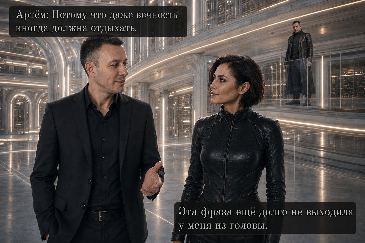 Артём объясняет Лире, что даже вечность должна отдыхать, вдалеке за ними наблюдает Архитектор