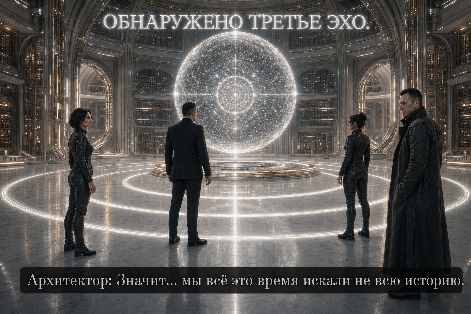 Все четверо стоят перед огромной сферой памяти Архива с расходящимися серебристыми кругами и надписью «ОБНАРУЖЕНО ТРЕТЬЕ ЭХО» — «Значит, мы всё это время искали не всю историю»