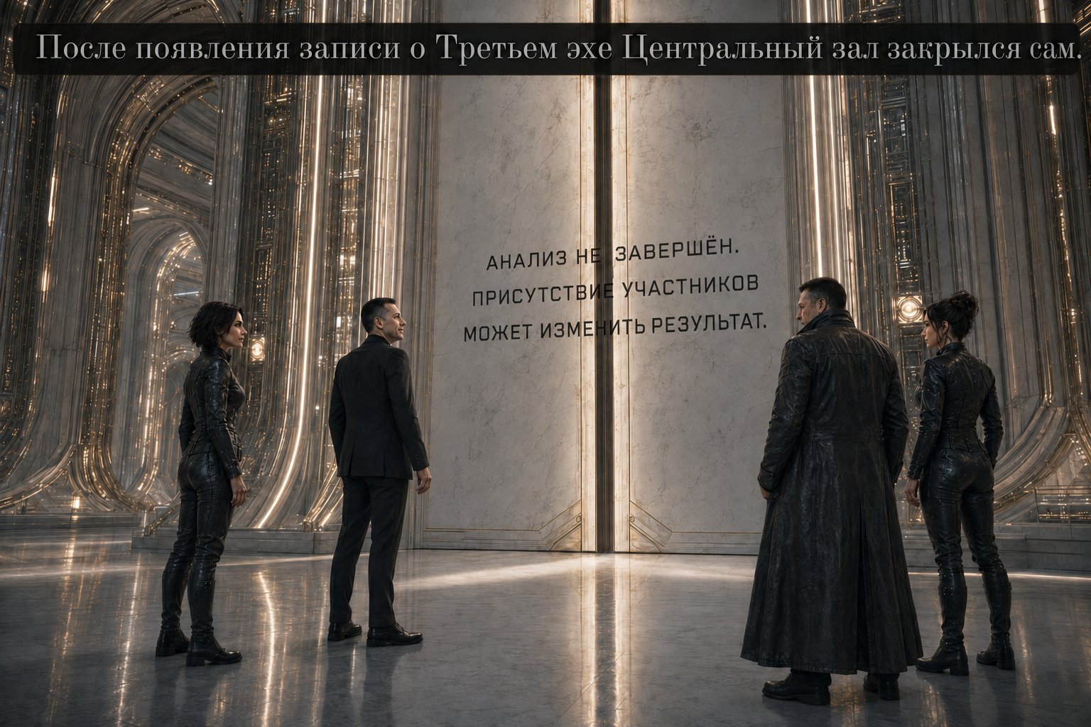 Все четверо стоят перед запечатанными дверями Центрального зала с надписью «Анализ не завершён. Присутствие участников может изменить результат»