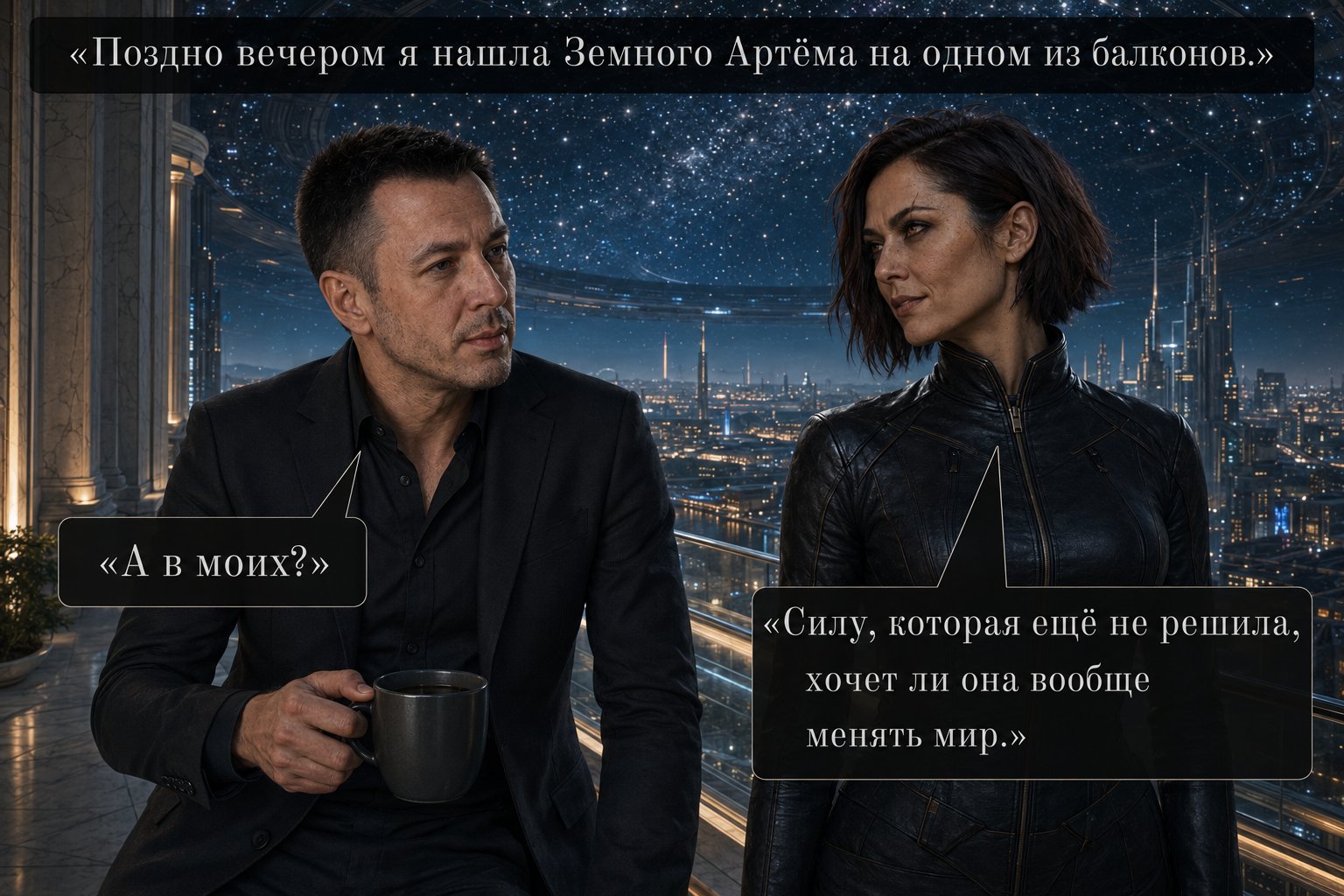 Земной Артём и Лира на балконе — «А в моих?» «Силу, которая ещё не решила, хочет ли она вообще менять мир»