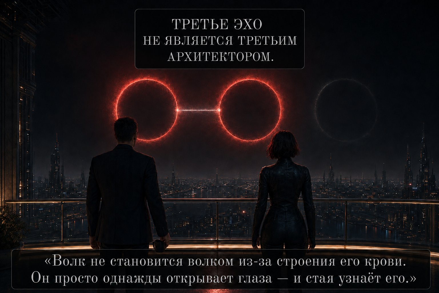 Земной Артём и Лира смотрят на два красных круга Третьего эха над ночным городом — «Волк не становится волком из-за строения его крови. Он просто однажды открывает глаза, и стая узнаёт его»