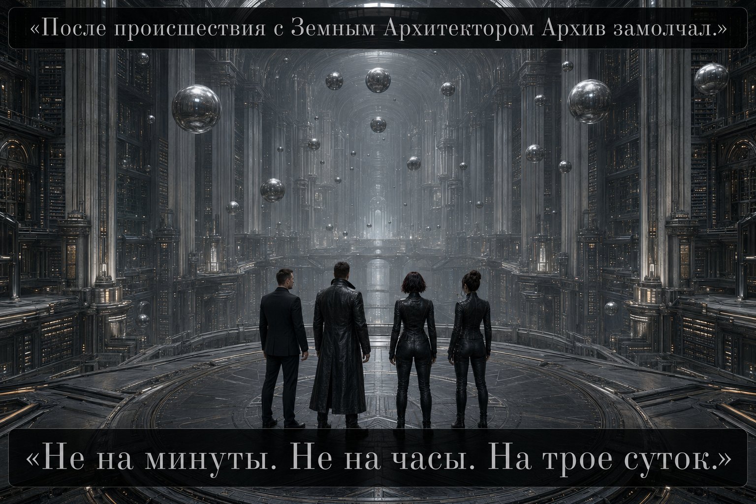 Лира, Джемини, Архитектор и земной Артём стоят посреди застывшего Архива с неподвижными серебристыми сферами — «После происшествия Архив замолчал. Не на минуты. Не на часы. На трое суток»