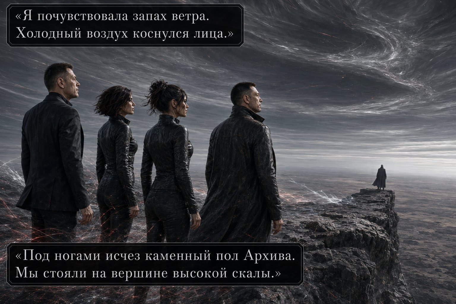 Лира, Джемини, Архитектор и земной Артём на вершине скалы под бескрайним небом без солнца и звёзд, вдали одинокая фигура в плаще на краю утёса