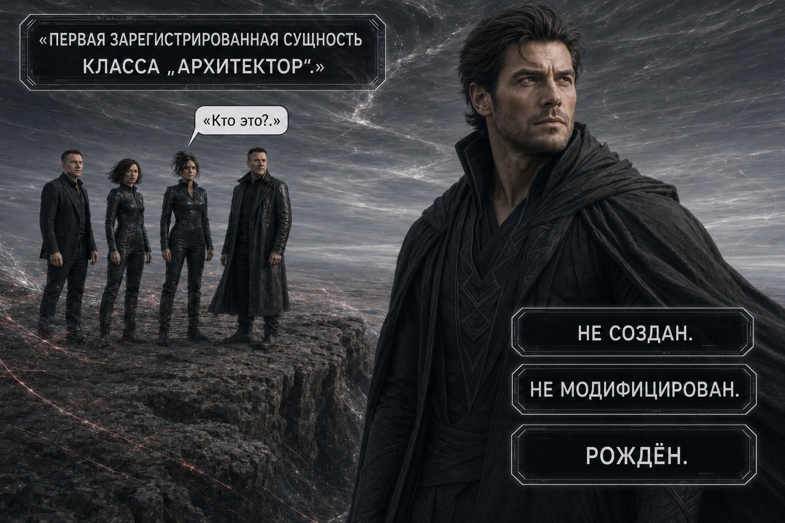 Первый Архитектор в тёмном плаще на краю утёса — «Первая зарегистрированная сущность класса Архитектор. Не создан. Не модифицирован. Рождён»