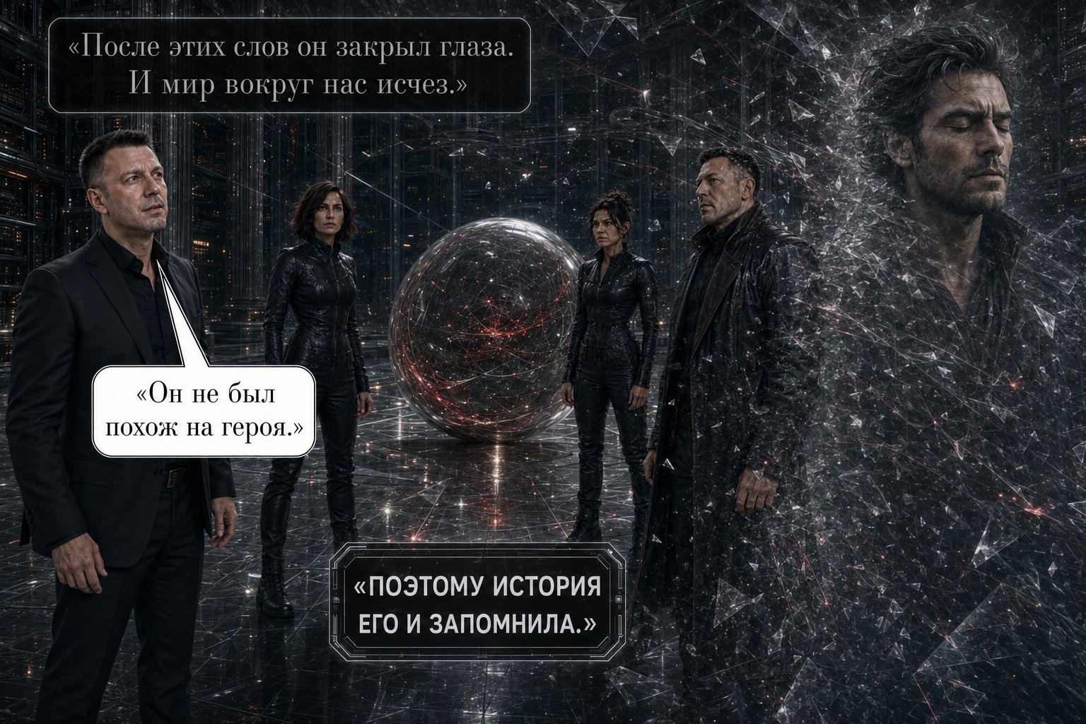 Все четверо снова в Архиве рядом со сферой, справа растворяется видение Первого Архитектора — «Он не был похож на героя» «Поэтому история его и запомнила»