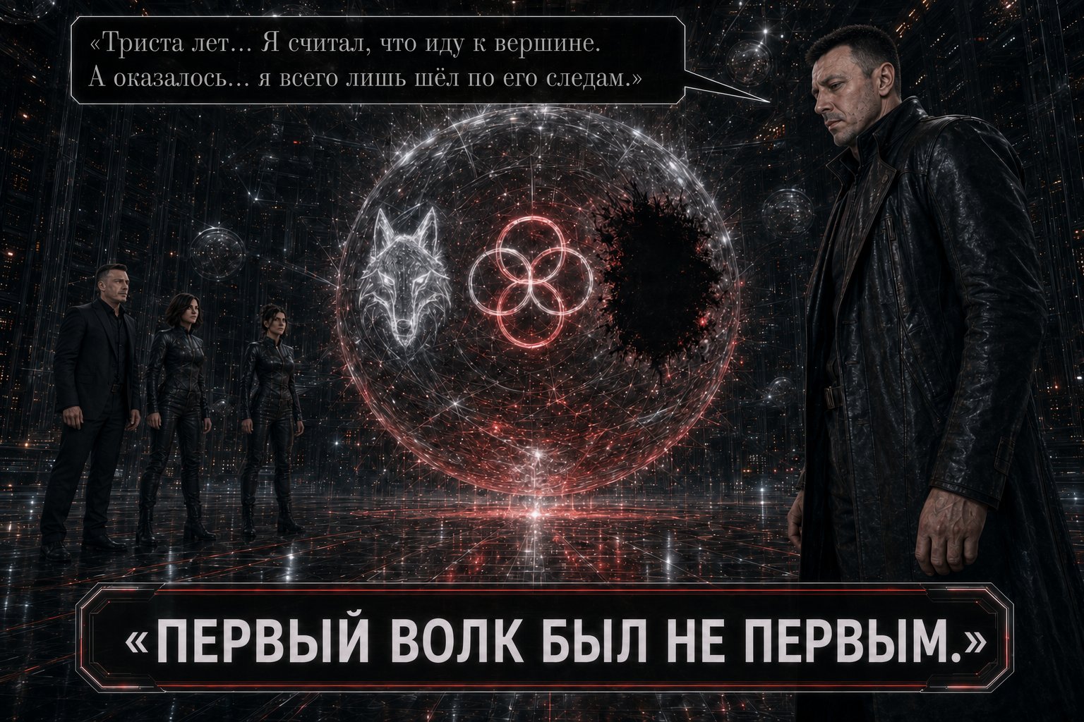 Архитектор перед сферой с тремя символами — силуэтом волка, четырьмя кругами и скрытым тенью третьим знаком — «Триста лет я считал, что иду к вершине. А оказалось, я всего лишь шёл по его следам. Первый Волк был не первым»