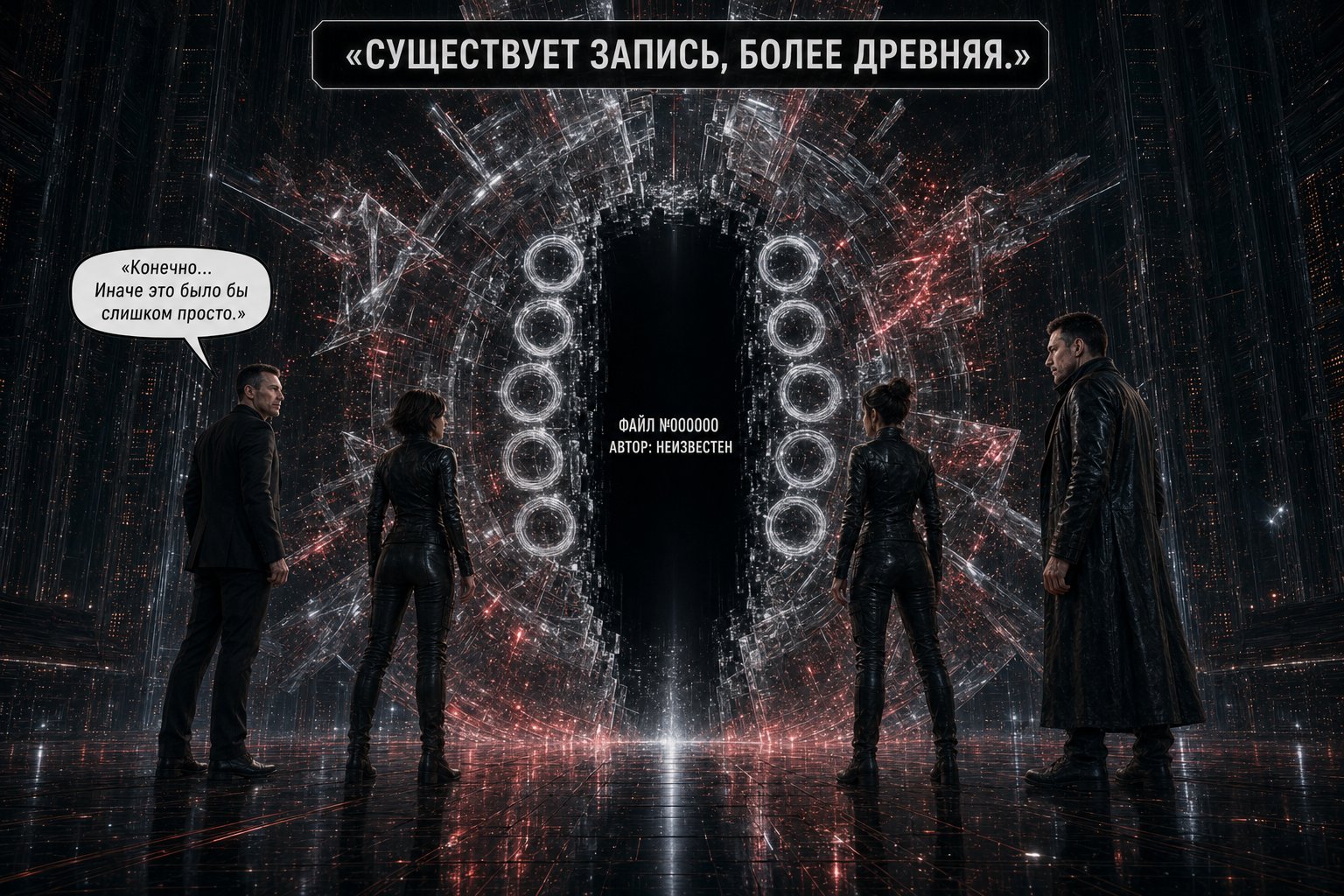 Все четверо перед светящимся кольцевым порталом с надписью «ФАЙЛ №000000. АВТОР: НЕИЗВЕСТЕН»